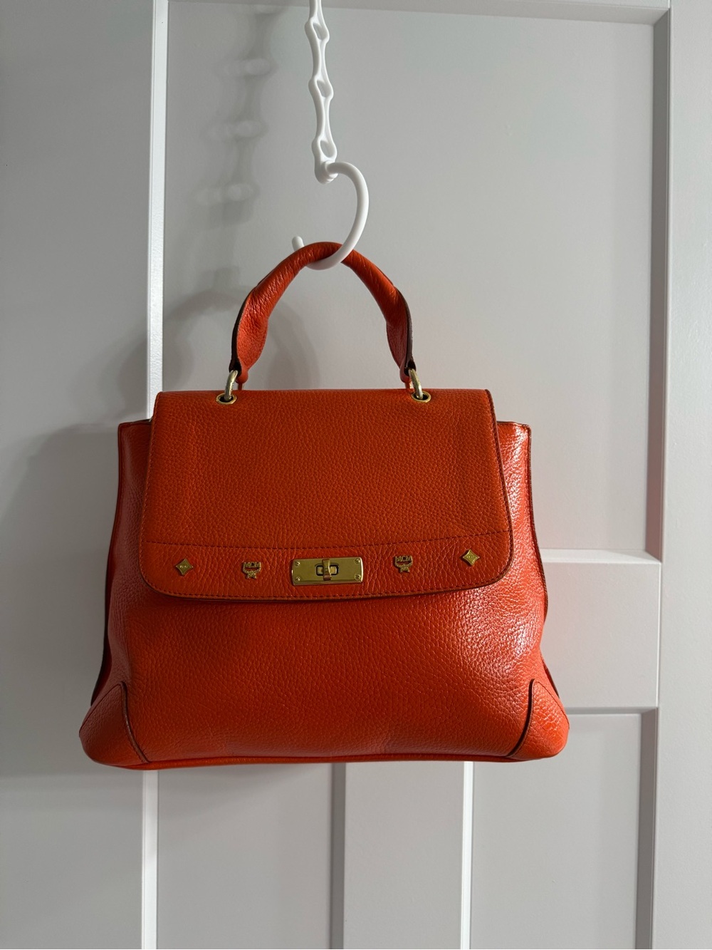 MCM Orange Pebbled Leather Top-Handle Satchel with Gold Hardware